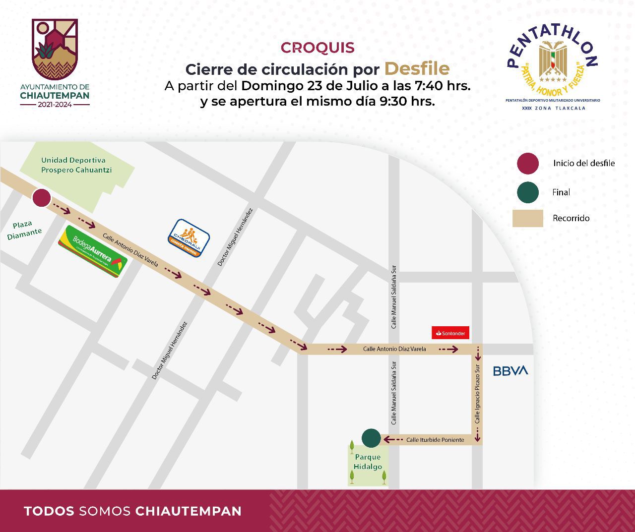 Anuncia Ayuntamiento de Chiautempan cierre de vialidades por Desfile del Pentathlon Deportivo Militarizado Universitario